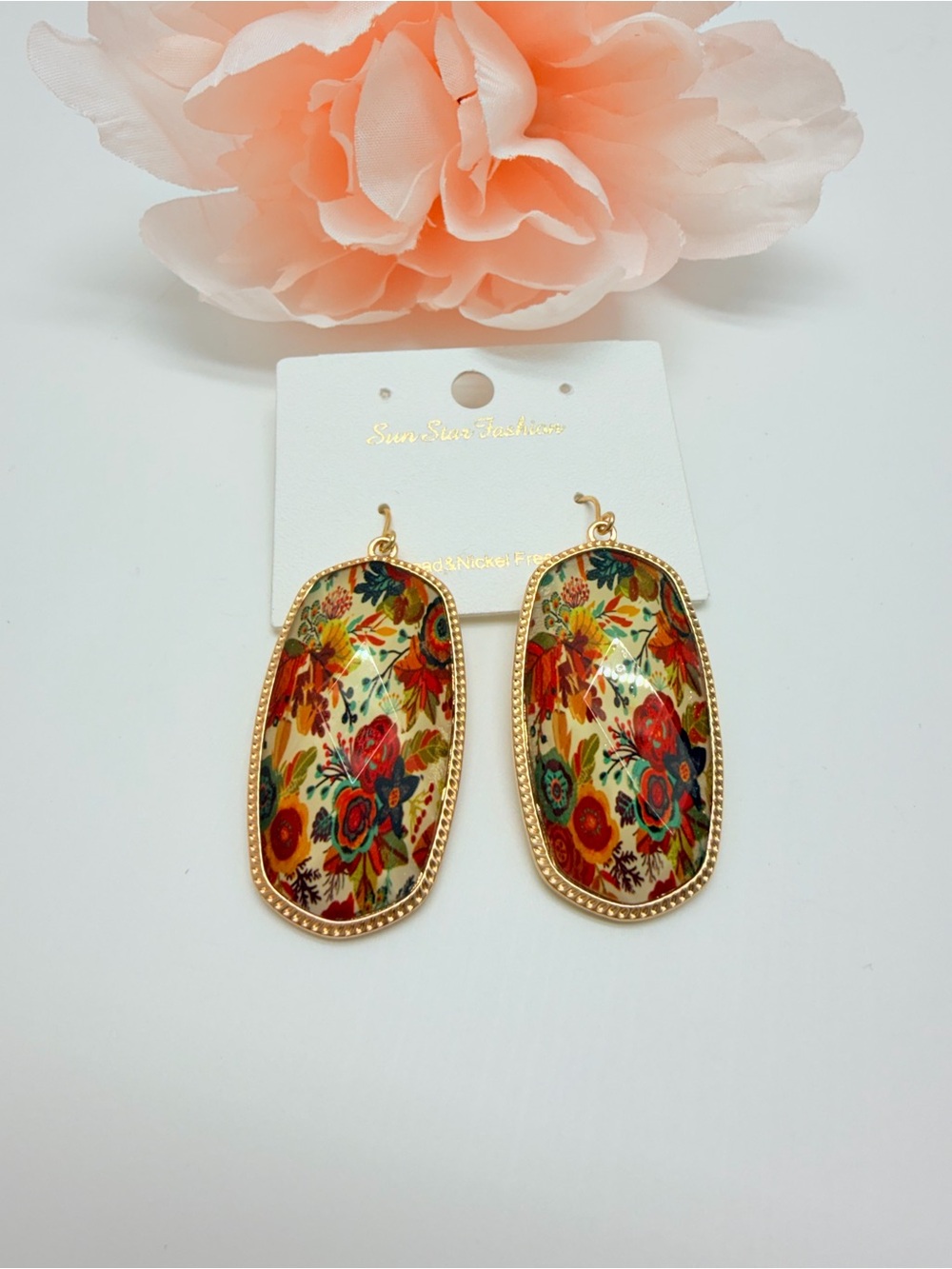 Floral Gold-Tone Drop Earrings - Peach, Red & Green